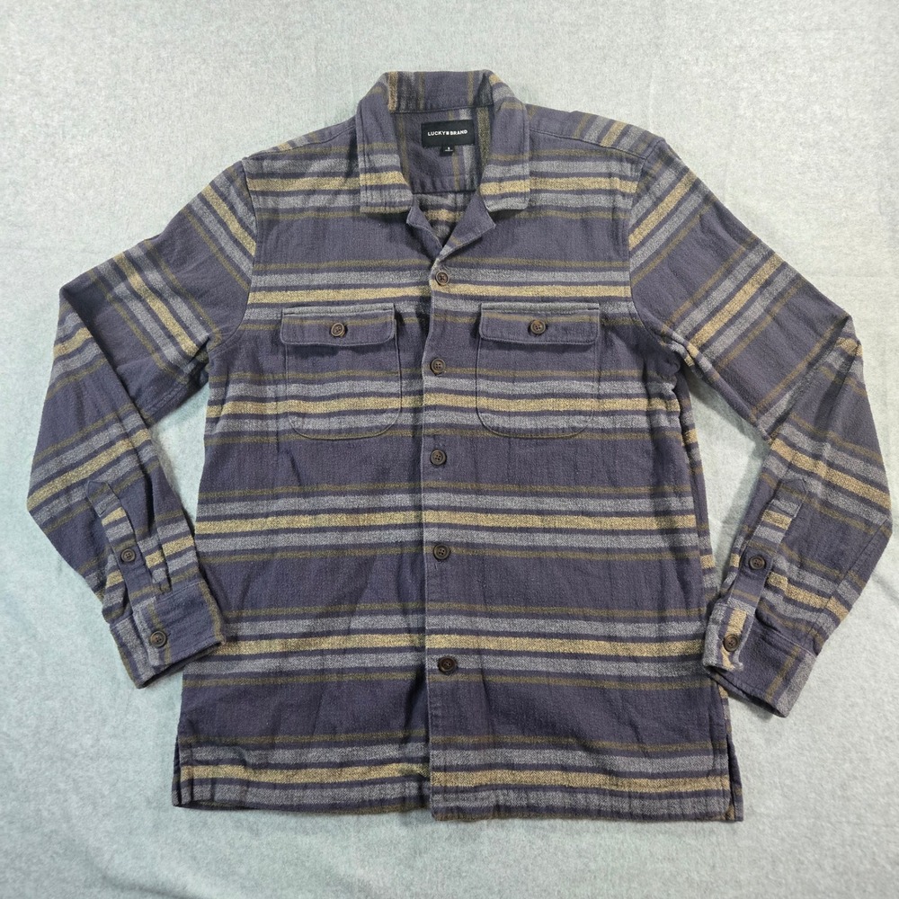 Lucky Brand Mens Small Blue Tan Striped Flannel Button Down Shirt F00245